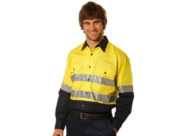 Hi-Vis cool-breeze long sleeve cotton twill safety shirt with reflective 3M tapes